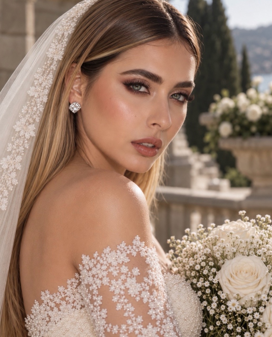 Sposa con make-up soft glow naturale, pelle luminosa e labbra nude glossate